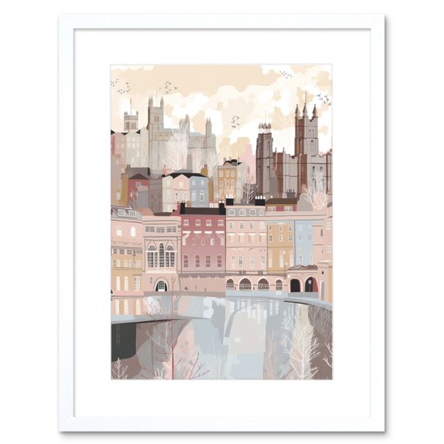 "Artery8 Wall Art Print Bath Georgian Architecture Pastel Colour Cityscape Artwork Framed 9X7 Inch in White - Size: W7"" x H9""" - image 1
