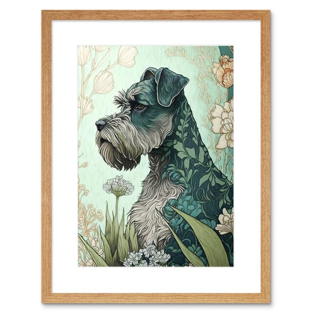 "Artery8 Wall Art Print Grey Schnauzer Dog with Floral Pattern Fur Coat in Flowers Modern Watercolour Artwork Framed 9X7 Inch - Size: W7"" x H9""" - image 1