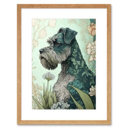 "Artery8 Wall Art Print Grey Schnauzer Dog with Floral Pattern Fur Coat in Flowers Modern Watercolour Artwork Framed 9X7 Inch - Size: W7"" x H9""" - thumbnail 1
