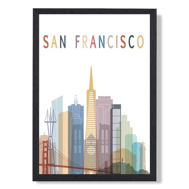 ARTZE San Francisco Colourful City Skyline Framed Print SIZE: A2 with Black Frame in Pale Blue - Size: A4 - image 1