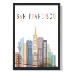 ARTZE San Francisco Colourful City Skyline Framed Print SIZE: A2 with Black Frame in Pale Blue - Size: A4 - thumbnail 1