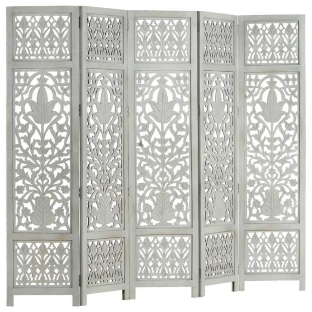 Berkfield Home Hand Carved 5-Panel Room Divider Grey 200x165 cm Solid Mango Wood - image 1