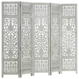 Berkfield Home Hand Carved 5-Panel Room Divider Grey 200x165 cm Solid Mango Wood