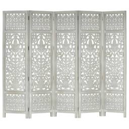 Berkfield Home Hand Carved 5-Panel Room Divider Grey 200x165 cm Solid Mango Wood - thumbnail 2