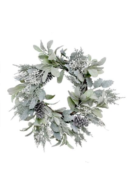 KDMD Lambs EarHolly Pine Cone & White Berry Flocked Wreath 60cm - image 1