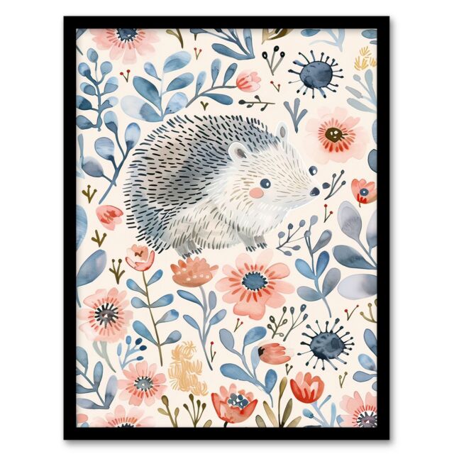 Artery8 Cute Hedgehog with Blue Pink Flowers Watercolour Framed Wall Art - Size: A4 - image 1