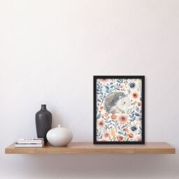 Artery8 Cute Hedgehog with Blue Pink Flowers Watercolour Framed Wall Art - Size: A4 - thumbnail 4