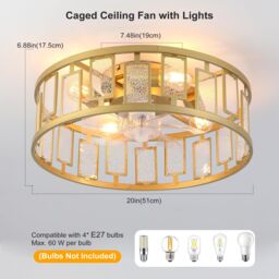 Garwarm 4 Lights Caged Ceiling Fan with Lights Gold Square - thumbnail 2