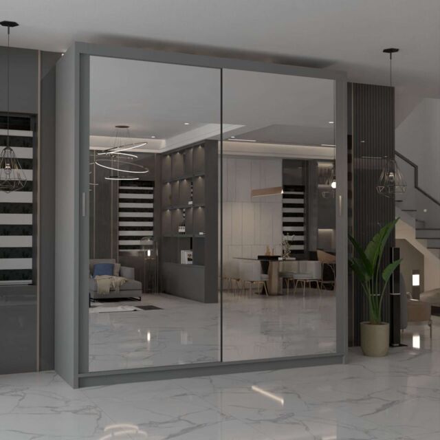 MN Furniture Cuba Sliding Mirror Wardrobe - LED Light 100cm x 217cm in Grey - Size: 100 cm x 217 cm - image 1