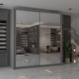 MN Furniture Cuba Sliding Mirror Wardrobe - LED Light 100cm x 217cm in Grey - Size: 100 cm x 217 cm - thumbnail 1