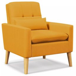 Costway Mid-century Modern Accent Chair Linen Fabric Reading Armchair w/Pillow in Yellow