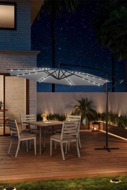 Living and Home Outdoor 32 LED Lighted Patio Umbrella with Crank Lift System with Base in Light Grey - image 1