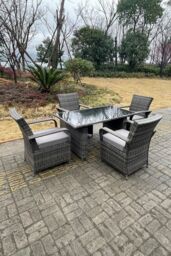 Fimous 4 Seat Rattan Dining Set Table & Chair Sets PE Wicker Patio Outdoor 4 Chairs Black Tempered Glass Table in Dark Grey - thumbnail 5