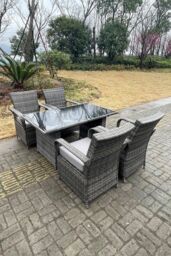Fimous 4 Seat Rattan Dining Set Table & Chair Sets PE Wicker Patio Outdoor 4 Chairs Black Tempered Glass Table in Dark Grey - thumbnail 4