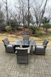 Fimous 4 Seat Rattan Dining Set Table & Chair Sets PE Wicker Patio Outdoor 4 Chairs Black Tempered Glass Table in Dark Grey - thumbnail 2
