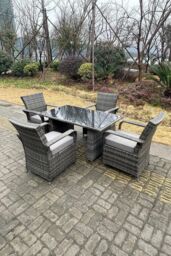 Fimous 4 Seat Rattan Dining Set Table & Chair Sets PE Wicker Patio Outdoor 4 Chairs Black Tempered Glass Table in Dark Grey