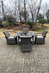 Fimous 4 Seat Rattan Dining Set Table & Chair Sets PE Wicker Patio Outdoor 4 Chairs Black Tempered Glass Table in Dark Grey - thumbnail 6