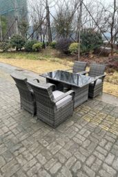 Fimous 4 Seat Rattan Dining Set Table & Chair Sets PE Wicker Patio Outdoor 4 Chairs Black Tempered Glass Table in Dark Grey - thumbnail 3