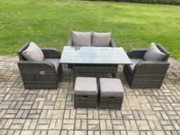 Fimous Rattan Garden Furniture 6 Piece Grey Patio Furniture Set Patio Conservatory 6 Seater Set Outdoor Rectangular Table & Chairs in Dark Grey - thumbnail 1