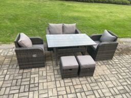 Fimous Rattan Garden Furniture 6 Piece Grey Patio Furniture Set Patio Conservatory 6 Seater Set Outdoor Rectangular Table & Chairs in Dark Grey - thumbnail 2