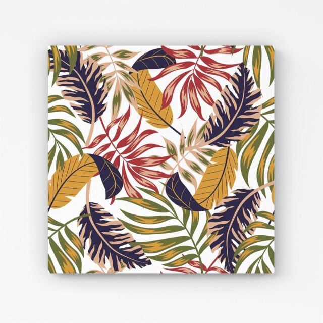 "Warren Reed - Designer Hawaiian Style Jungle Leaves Canvas in Brown - Size: W16"" x H16""" - image 1