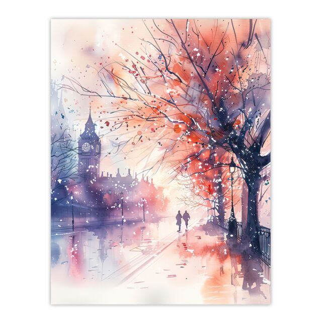 "Artery8 Lovers Walk London Big Ben Autumn Watercolour Wall Art Print in Purple - Size: W18"" x H24""" - image 1