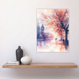 "Artery8 Lovers Walk London Big Ben Autumn Watercolour Wall Art Print in Purple - Size: W18"" x H24""" - thumbnail 4