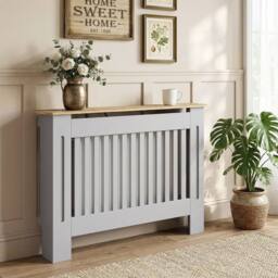 HOMCOM Radiator Cover Painted Slatted MDF Cabinet Lined Grill 112x19x81cm in Grey - Size: Medium