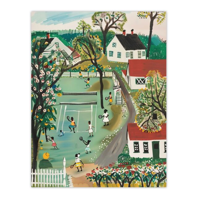 "Artery8 Colourful Tennis Game Houses & Trees Painting Wall Art Print in Green - Size: W18"" x H24""" - image 1
