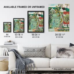 "Artery8 Colourful Tennis Game Houses & Trees Painting Wall Art Print in Green - Size: W18"" x H24""" - thumbnail 3