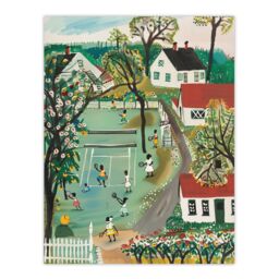 "Artery8 Colourful Tennis Game Houses & Trees Painting Wall Art Print in Green - Size: W18"" x H24""" - thumbnail 1