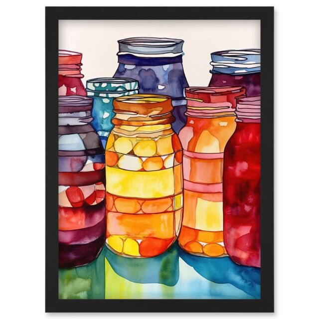 Artery8 Coloured Glass Canning Jars Still Life Watercolour Painting Artwork Framed Wall Art Print A4 in Black - image 1