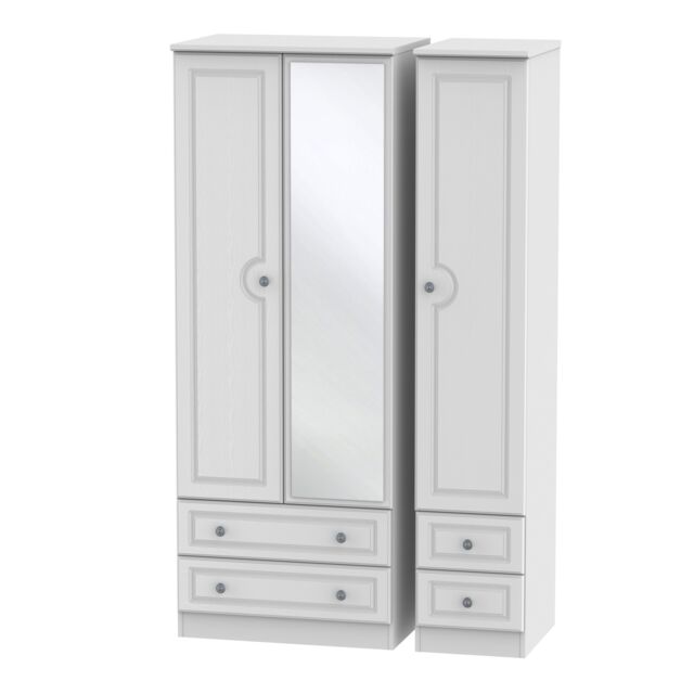 Ready Assembled 2 U Stirling Tall Triple 2 Drawer Mirror + Drawer Wardrobe (Ready Assembled) in Off-White