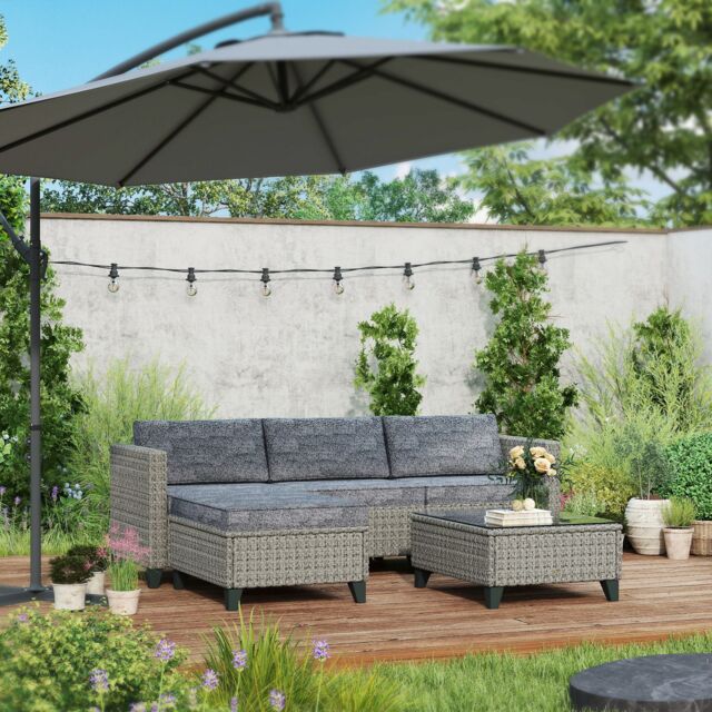 OUTSUNNY 5 PCs Rattan Garden Furniture Set with Glass Coffee Table Dark Grey