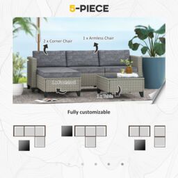 OUTSUNNY 5 PCs Rattan Garden Furniture Set with Glass Coffee Table Dark Grey - thumbnail 4