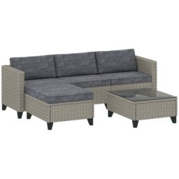 OUTSUNNY 5 PCs Rattan Garden Furniture Set with Glass Coffee Table Dark Grey - thumbnail 2