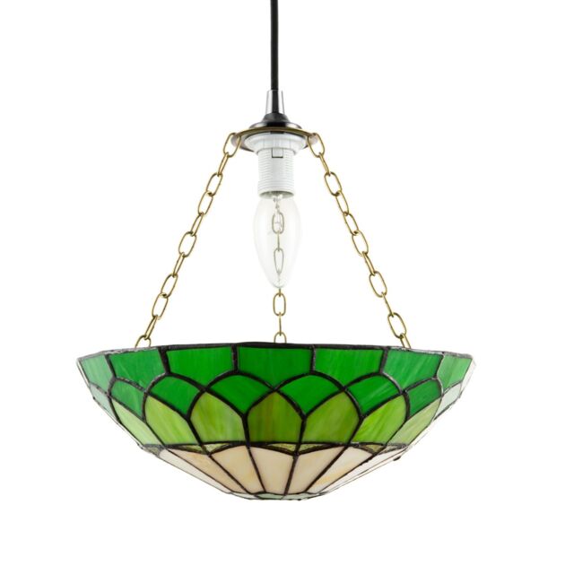 Happy Homewares Traditional Stained Glass Domed Tiffany Pendant Lamp Shade with Brass Chain in Green - image 1