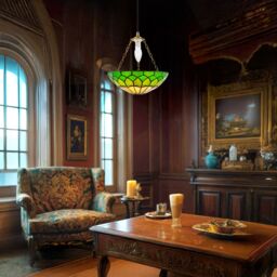 Happy Homewares Traditional Stained Glass Domed Tiffany Pendant Lamp Shade with Brass Chain in Green - thumbnail 7