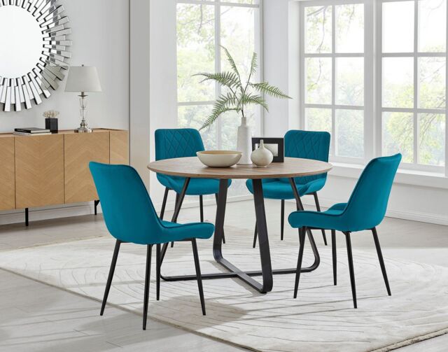 FurnitureboxUK Santorini Brown Round Dining Table & 4 Pesaro Black Leg Chairs in Blue - image 1