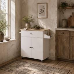 Wyld Haus Seto White & Oak Rolling Kitchen Island Drop Leaf Countertop Drawer