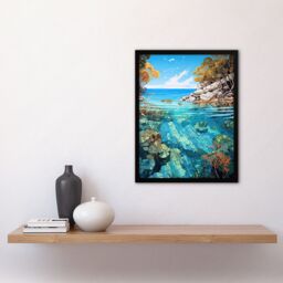 "Artery8 Wall Art Print Serene Coral Reef Bay Artwork Scenic Turquoise Seascape Art Framed in Black - Size: W12"" x H16""" - thumbnail 4