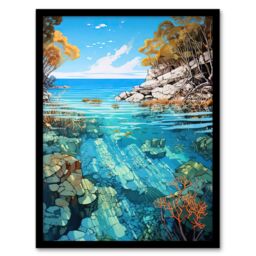 "Artery8 Wall Art Print Serene Coral Reef Bay Artwork Scenic Turquoise Seascape Art Framed in Black - Size: W12"" x H16""" - thumbnail 1