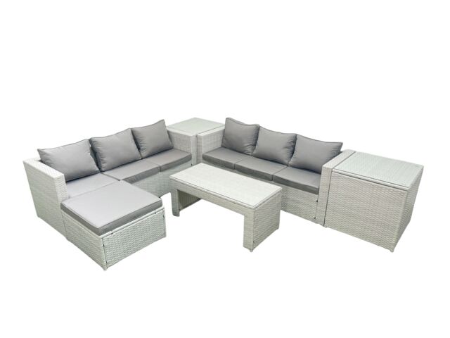 Fimous 7 Seater Garden Outdoor Rattan Furniture Set Rattan Garden Sofa Oblong Coffee Table with Big Footstool 2 Side Tables Light Grey Mixed - image 1