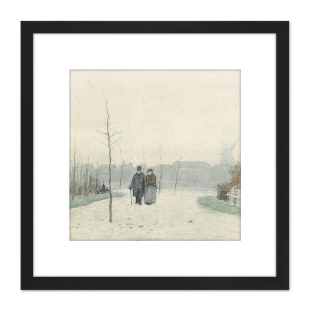 Artery8 Anton Mauve Old Couple In Park 8X8 Inch Square Wooden Framed Wall Art Print Picture with Mount in Black - image 1