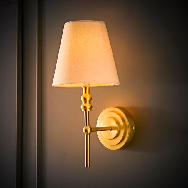 ValueLights Maggie Candlestick Wall Light with Linen Tapered Lamp Shade with Bulb in Gold