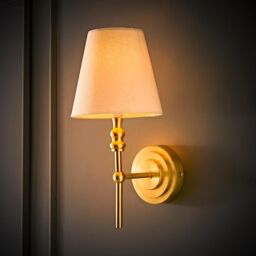 ValueLights Maggie Candlestick Wall Light with Linen Tapered Lamp Shade with Bulb in Gold - thumbnail 1