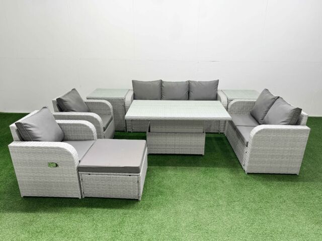 Fimous PE Rattan Garden Furniture Set Reclining Chair Sofa Double Love Seat 2 Seater Sofa Lounge Set Adjustable Lifting Dining or Coffee Table Big - image 1