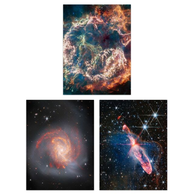 Artery8 Wall Art Print Pack of 3 NASA James Webb Images Clash of the Titans NGC 3256 Cassiopeia A Forming Stars Large Poster Set - image 1