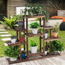 EONLION 9 Tier Flower Rack Wood Plant Shelf Stand in Brown