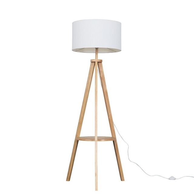ValueLights Morrigan Natural Wood Tripod Floor Lamp & Fabric Drum Shade & Bulb in White - image 1